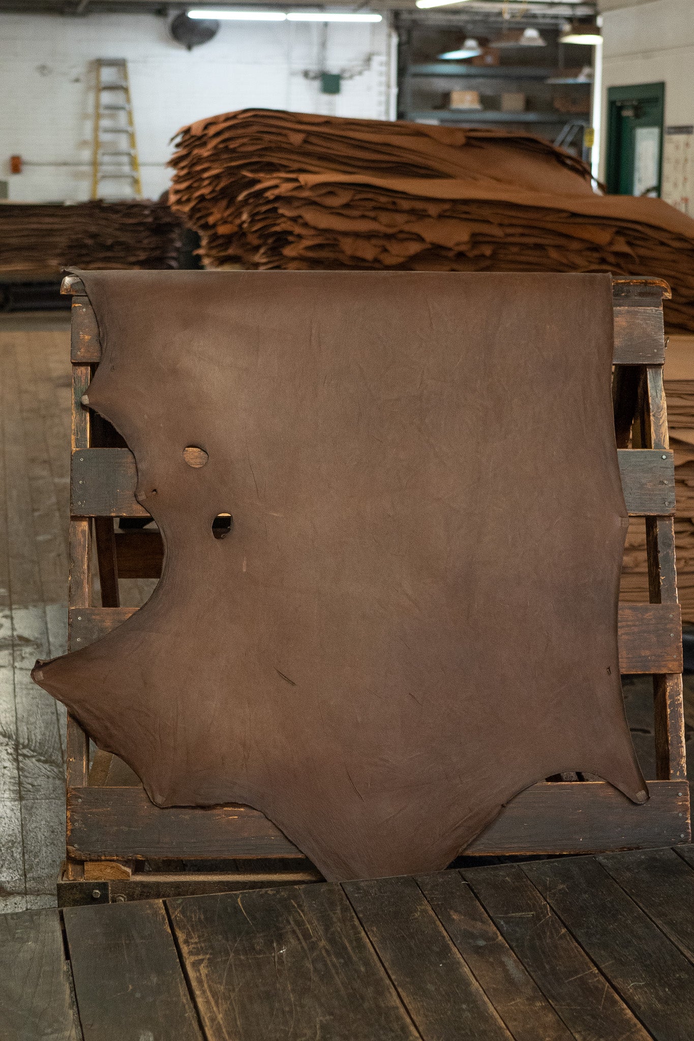 Dark Chocolate Expedition Leather from Hermann Oak Leather Co displayed on a wooden rack